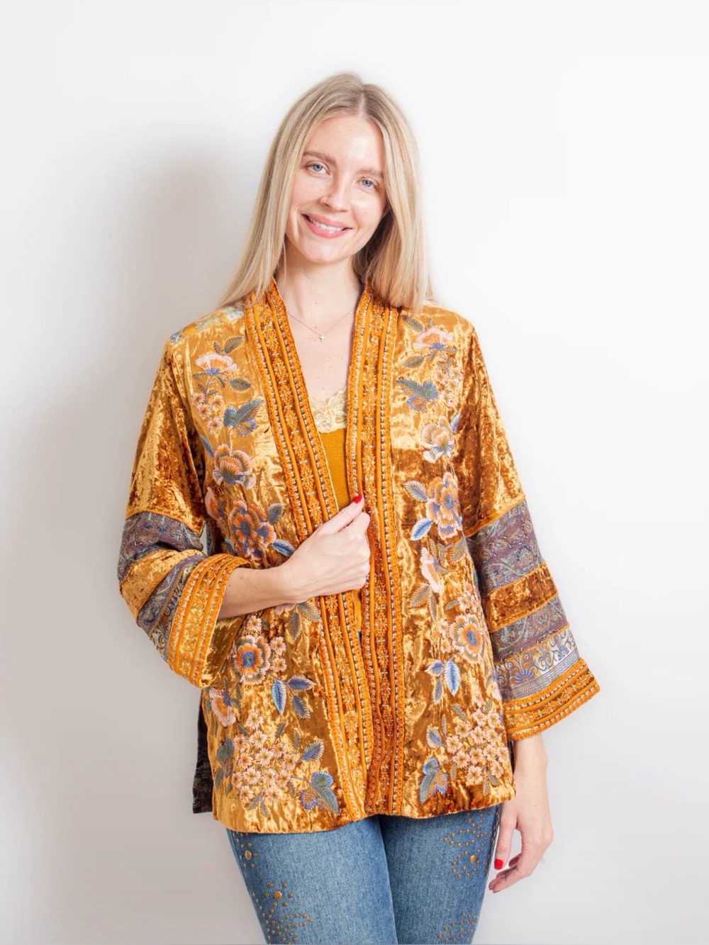 John Mark velvet kimono jacket, golden-mustard "honey" color, floral embroidery,